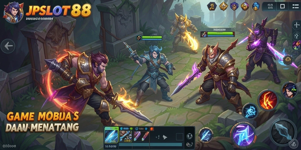 Screenshot utama JPSLOT88 menampilkan aksi seru dalam pertempuran MOBA.
