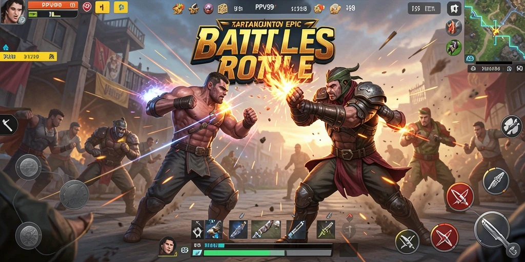 Tangkapan layar PPV99 menampilkan aksi pertarungan di arena Battle Royale.