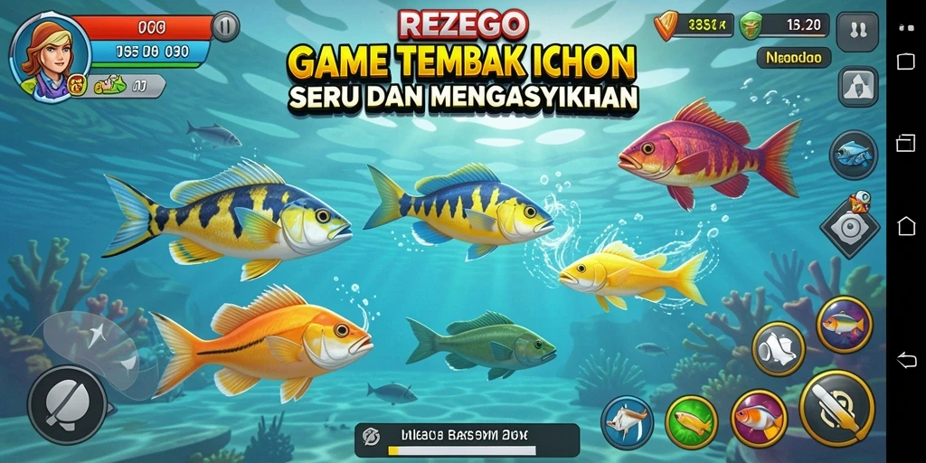 Screenshot gameplay REZEGO menampilkan aksi seru Tembak Ikan di lautan.