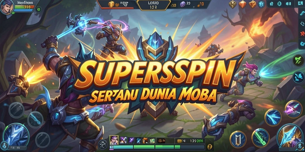 Tampilan seru gameplay <strong>SUPERSPIN</strong> dalam arena MOBA yang menegangkan.